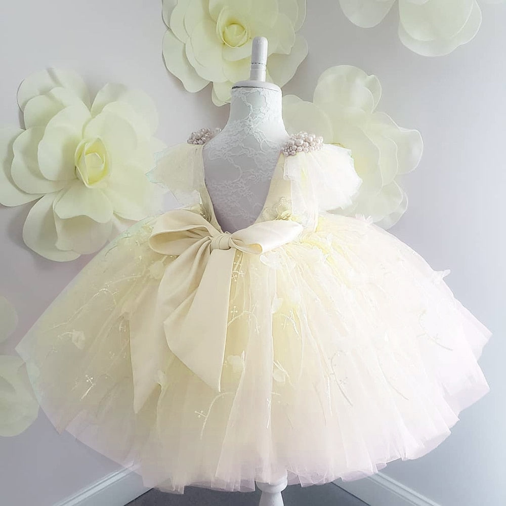 Satin Bow &amp; Pearls Beading Puffy Pageant Dresses for Kids Girls childrensterritory