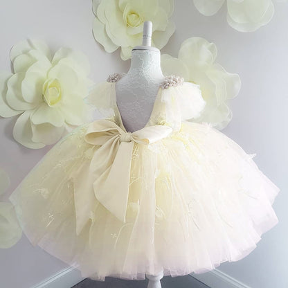 Satin Bow &amp; Pearls Beading Puffy Pageant Dresses for Kids Girls childrensterritory