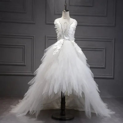 Kids Girls Elegant Crystal Swan Design Pageant Dress with Trail childrensterritory