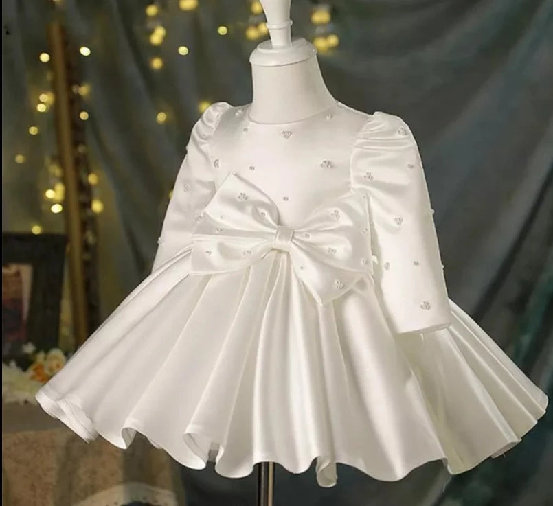 Pearl-Decorated Tutu White Flower Girls Dress For Party childrensterritory