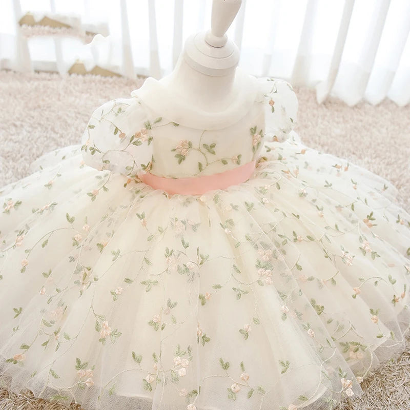 First Communion Dress with Flower Embroidery For Little Girl
