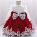 Girls' Long-Sleeved Flower Lace Bow Design Party Dresses childrensterritory