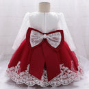 Girls' Long-Sleeved Flower Lace Bow Design Party Dresses childrensterritory
