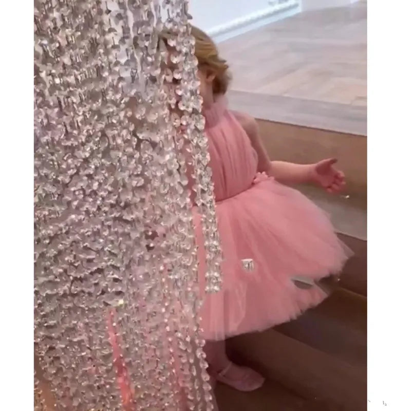 Puffy High Neck Kids Girls Party Dresses with Long Train childrensterritory