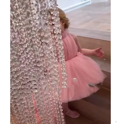 Puffy High Neck Kids Girls Party Dresses with Long Train childrensterritory