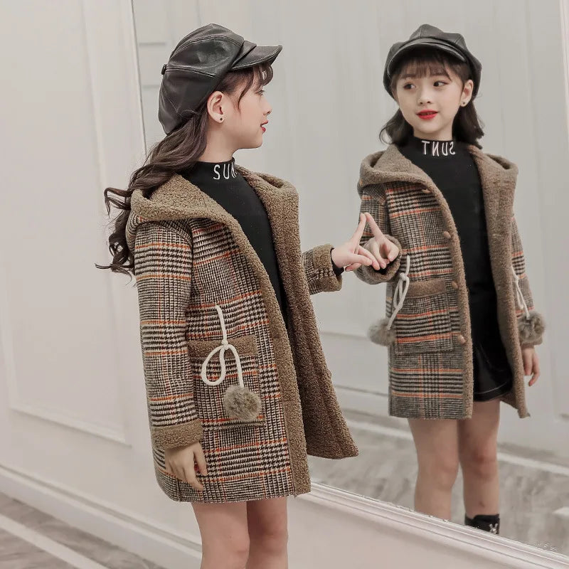 Girls Parka Hairy Woolen Warm Long Coat With Grid Pattern childrensterritory