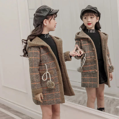 Girls Parka Hairy Woolen Warm Long Coat With Grid Pattern childrensterritory