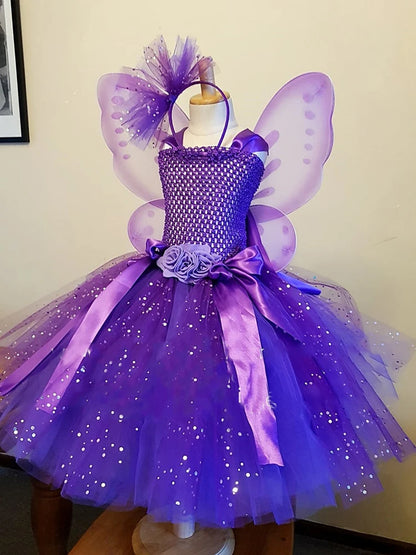 Kids Girls Glitter Tulle Birthday Party Costume Dress with Wings childrensterritory