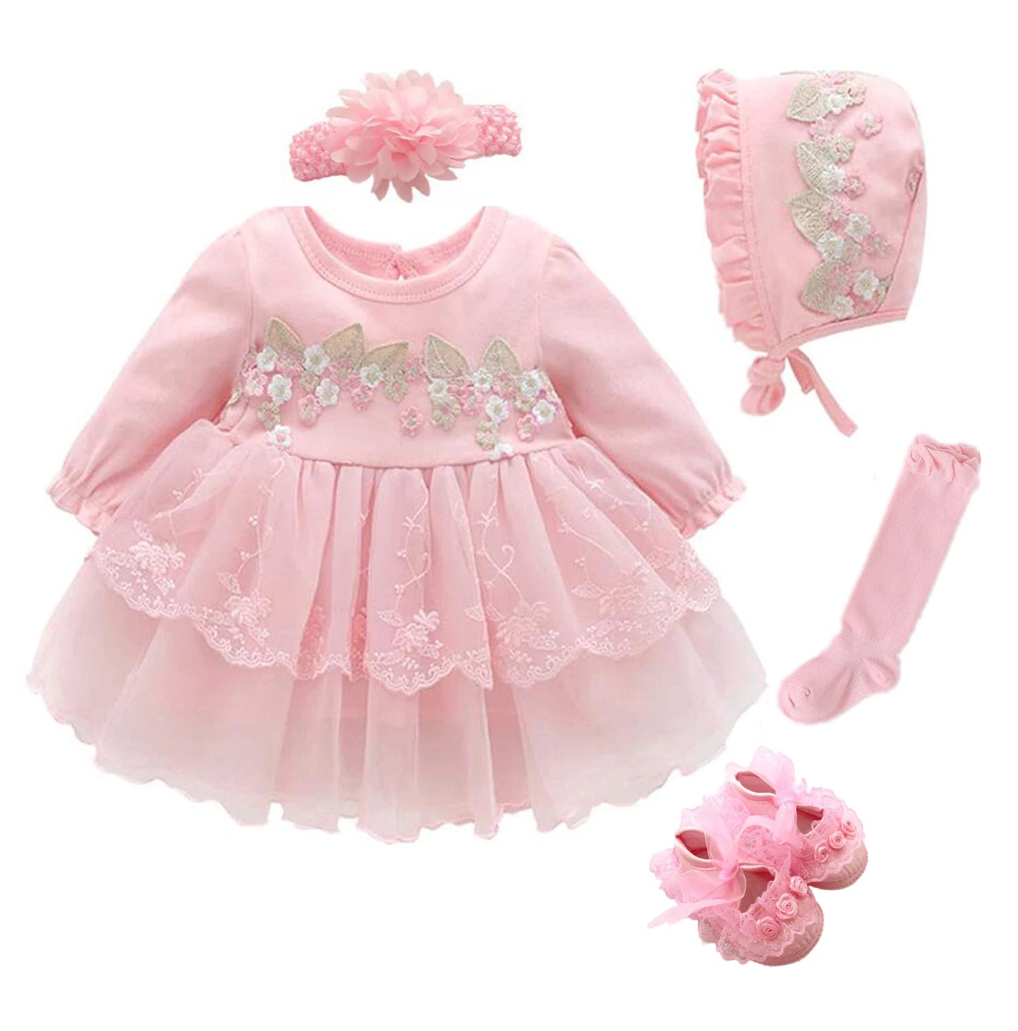 Newborn Girl Christening Dresses Set (Shoes, Tights &amp; Long Socks) childrensterritory