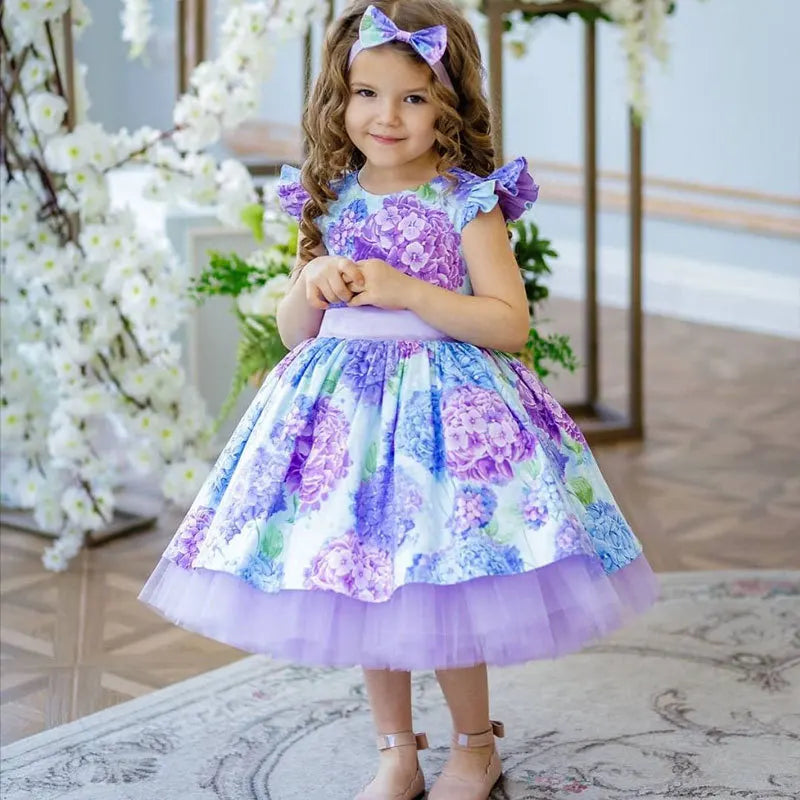 Kids Girls Floral Print Princess Dress With Bow Headband childrensterritory