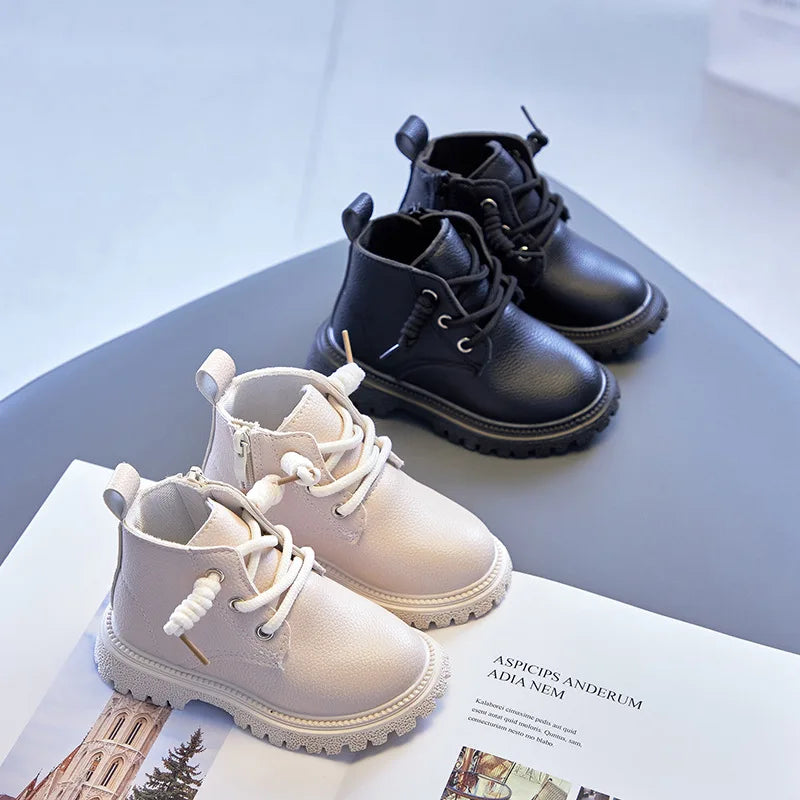 Kids Solid British Style Warm Short Leather Boots childrensterritory