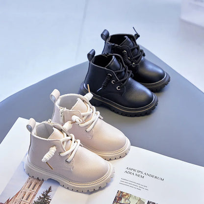 Kids Solid British Style Warm Short Leather Boots childrensterritory
