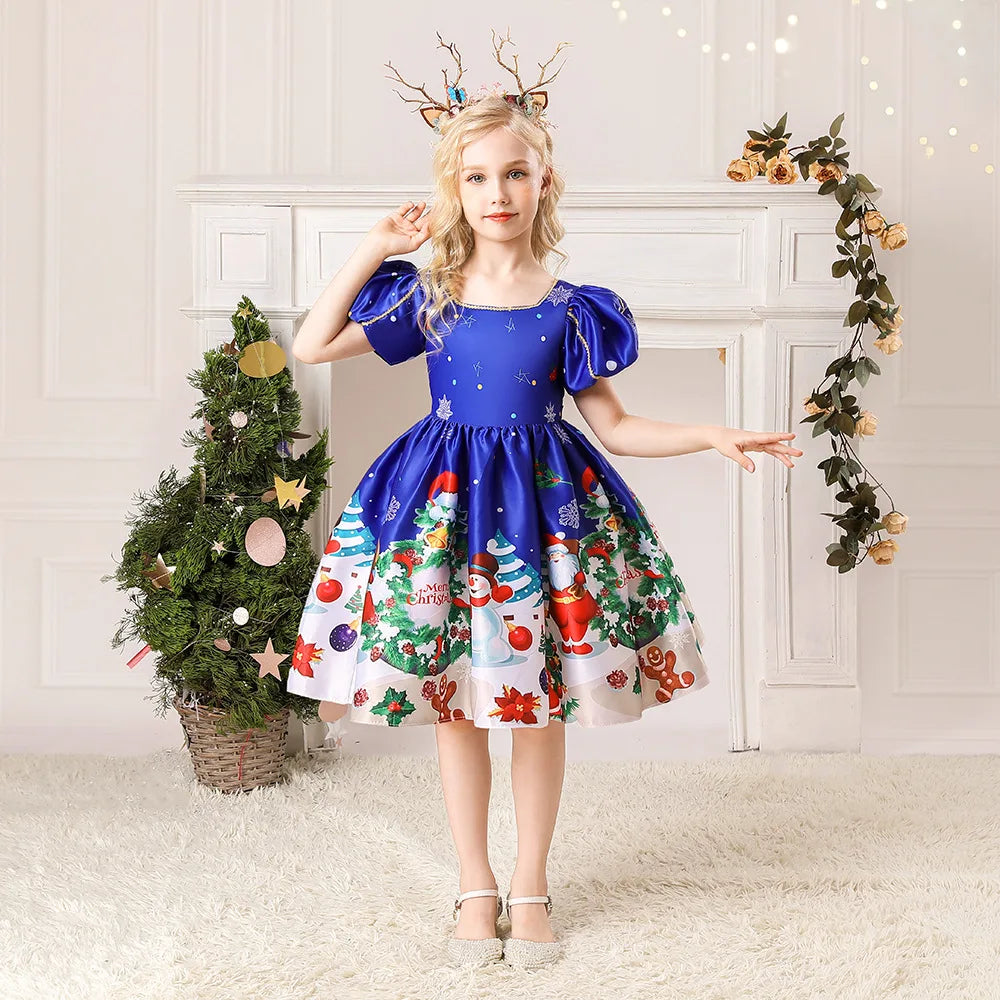 Girls Printed Santa Claus Christmas Party Dress