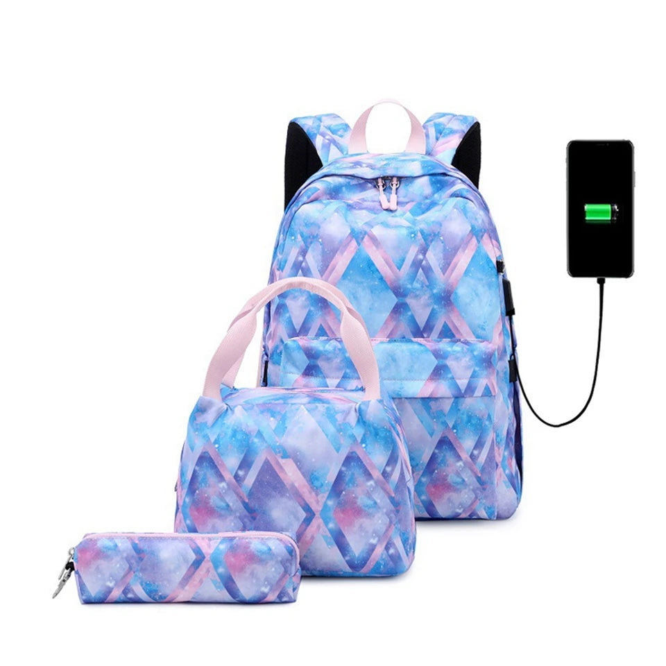 Printed Canvas 3-in-1 School Backpack with USB For Girls