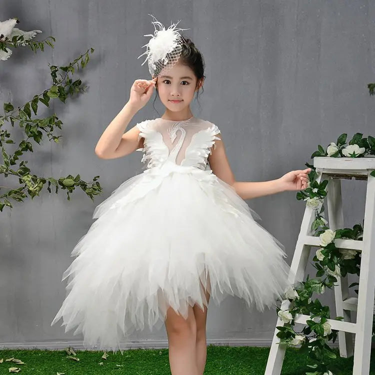 Kids Girls Elegant Crystal Swan Design Pageant Dress with Trail childrensterritory