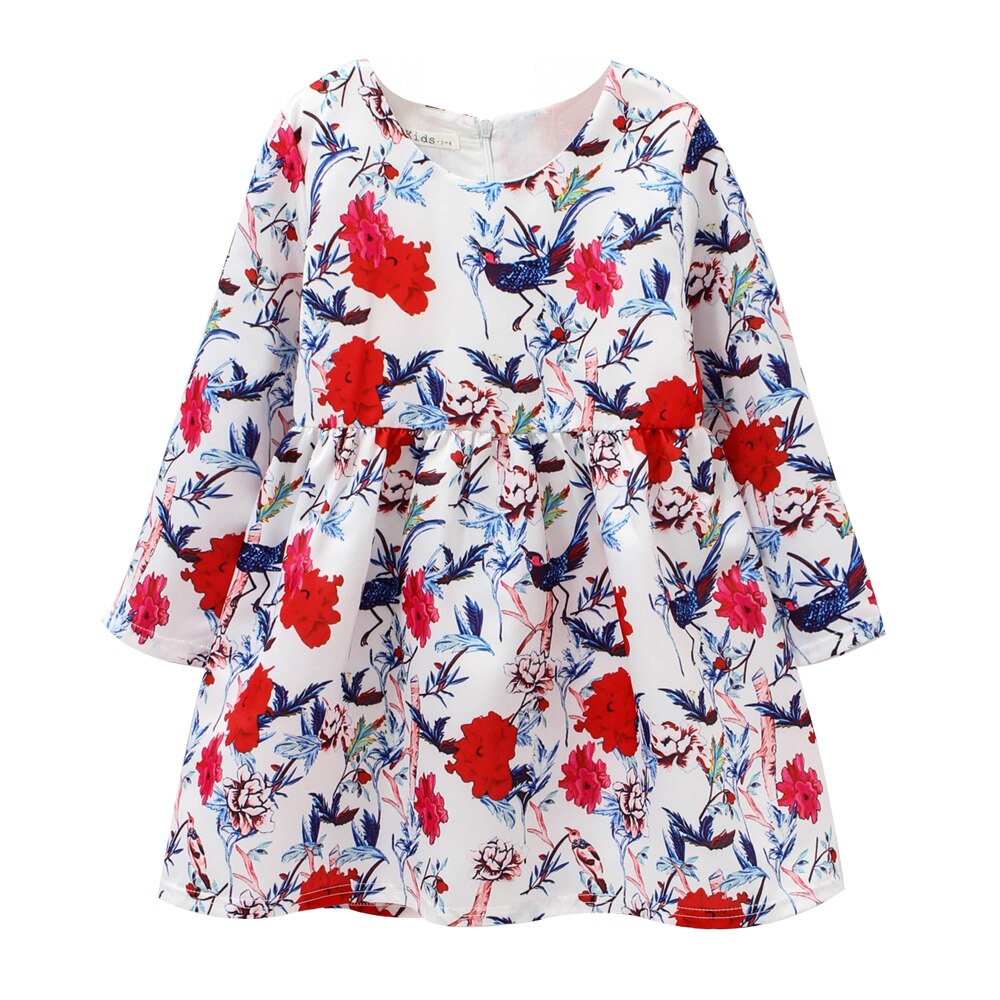 Flower Birds Printing Long Sleeve Princess Girl Dresses childrensterritory