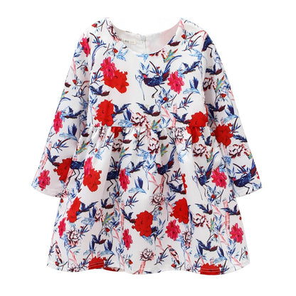 Flower Birds Printing Long Sleeve Princess Girl Dresses childrensterritory