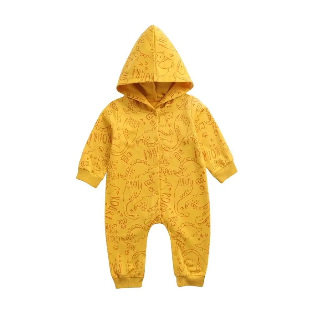 Dinosaur Print Baby Boys Long Sleeve Hooded Rompers