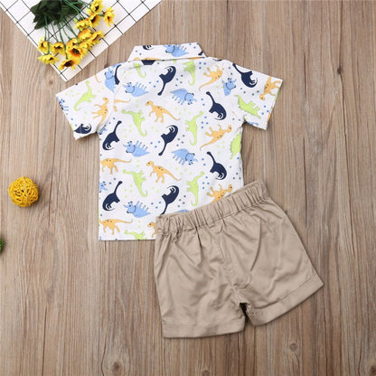 Toddler Boys Dinosaur Print Shirt and Khaki Shorts Set childrensterritory