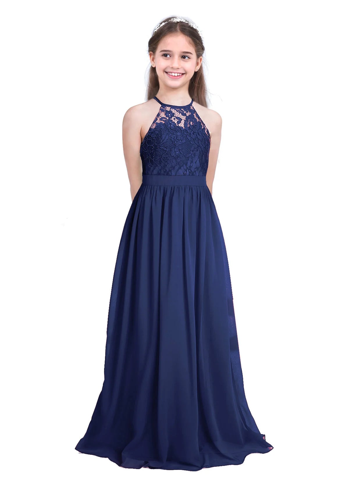 Kids Girls Halter Lace Design Chiffon Long Prom Ball Gowns