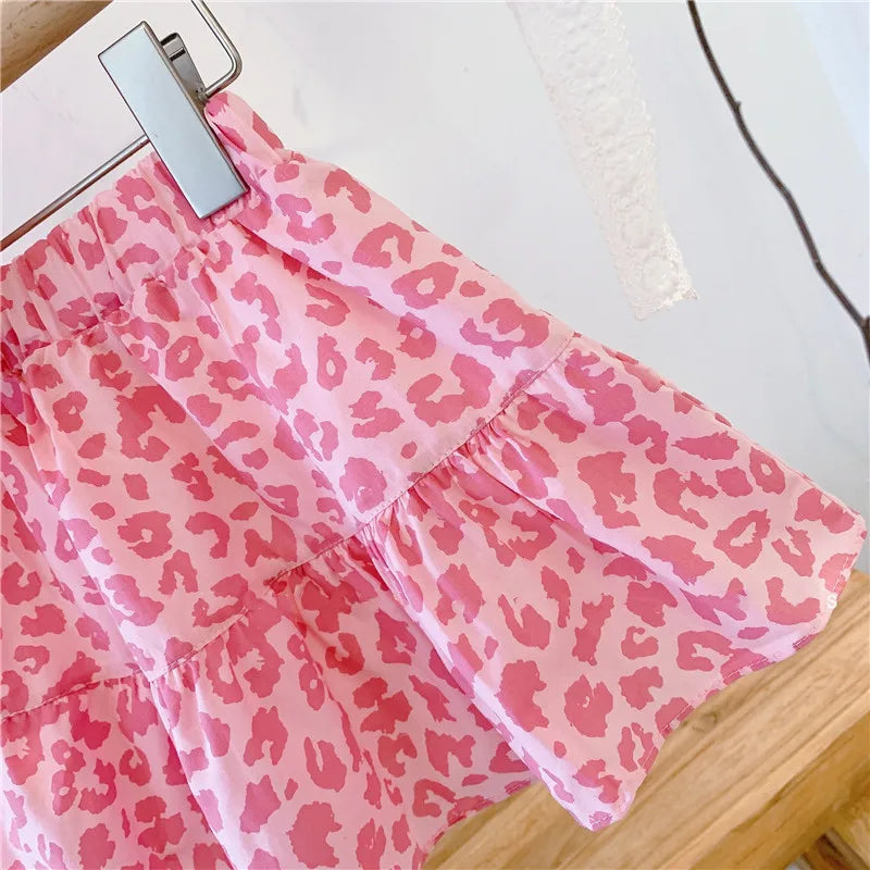 Kids Girls Leopard Print Top and Skirt Summer Clothing Set