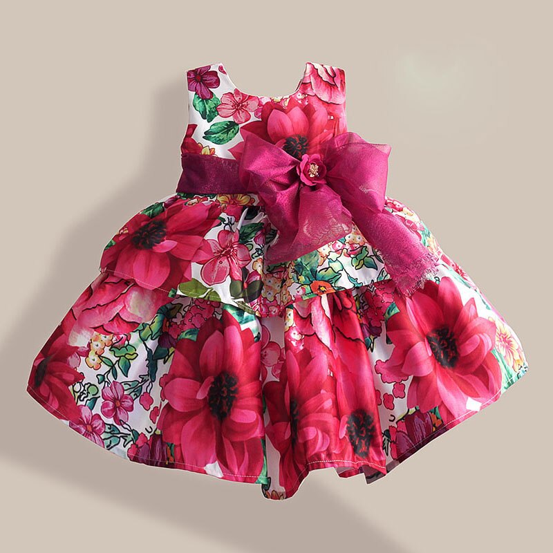Silk Bow Rose Flower Print Sleeveless Toddler Girls Party Dresses childrensterritory