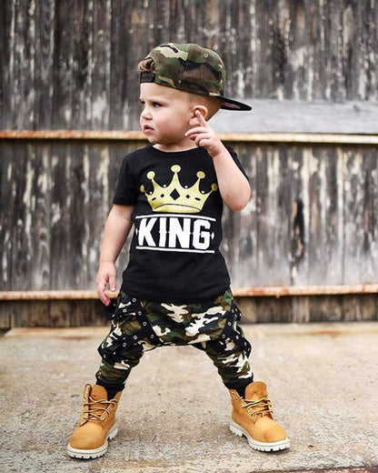 Little Boys King Crown Print Top and Camo Pants 2PCS Outfits Set childrensterritory