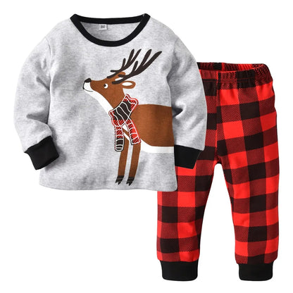 Kid Boys Girls Deer T-shirt Red Plaid Pants 2 Piece Outfit Set childrensterritory
