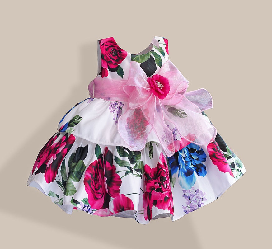 Silk Bow Rose Flower Print Sleeveless Toddler Girls Party Dresses childrensterritory