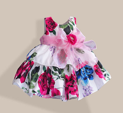 Silk Bow Rose Flower Print Sleeveless Toddler Girls Party Dresses childrensterritory