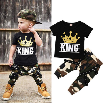 Little Boys King Crown Print Top and Camo Pants 2PCS Outfits Set childrensterritory
