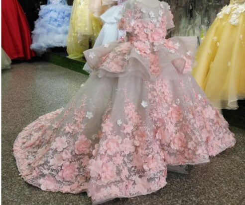 3D Floral Appliques Tulle Pageant Gowns for Kids Girls childrensterritory