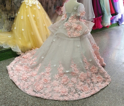 3D Floral Appliques Tulle Pageant Gowns for Kids Girls childrensterritory