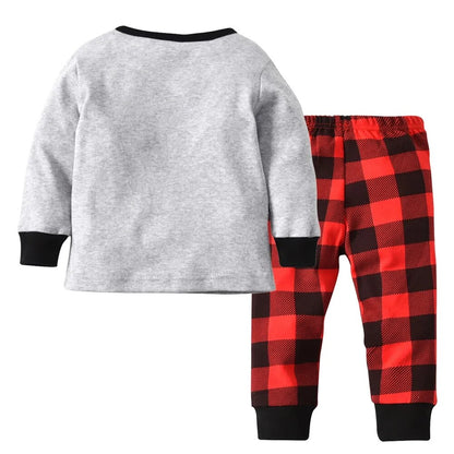 Kid Boys Girls Deer T-shirt Red Plaid Pants 2 Piece Outfit Set childrensterritory