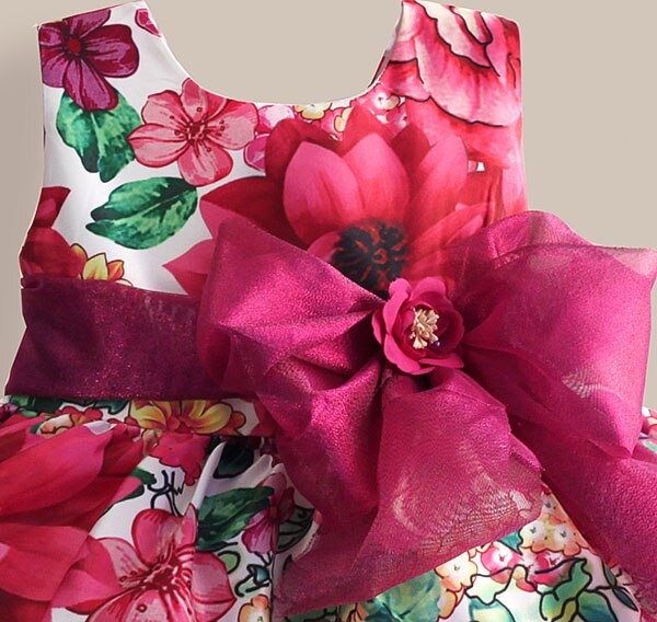 Silk Bow Rose Flower Print Sleeveless Toddler Girls Party Dresses childrensterritory