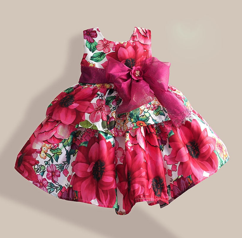 Silk Bow Rose Flower Print Sleeveless Toddler Girls Party Dresses childrensterritory