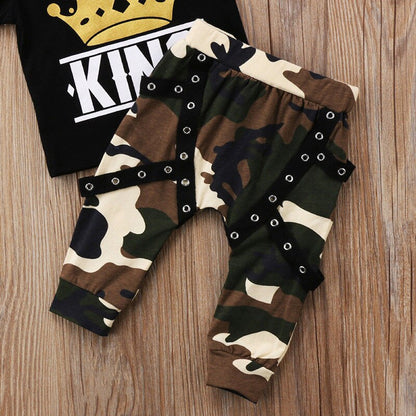 Little Boys King Crown Print Top and Camo Pants 2PCS Outfits Set childrensterritory