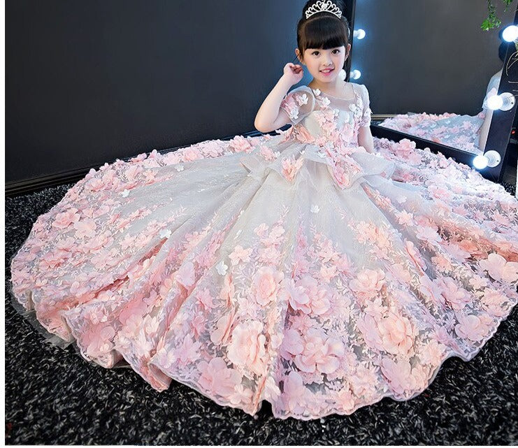 3D Floral Appliques Tulle Pageant Gowns for Kids Girls childrensterritory