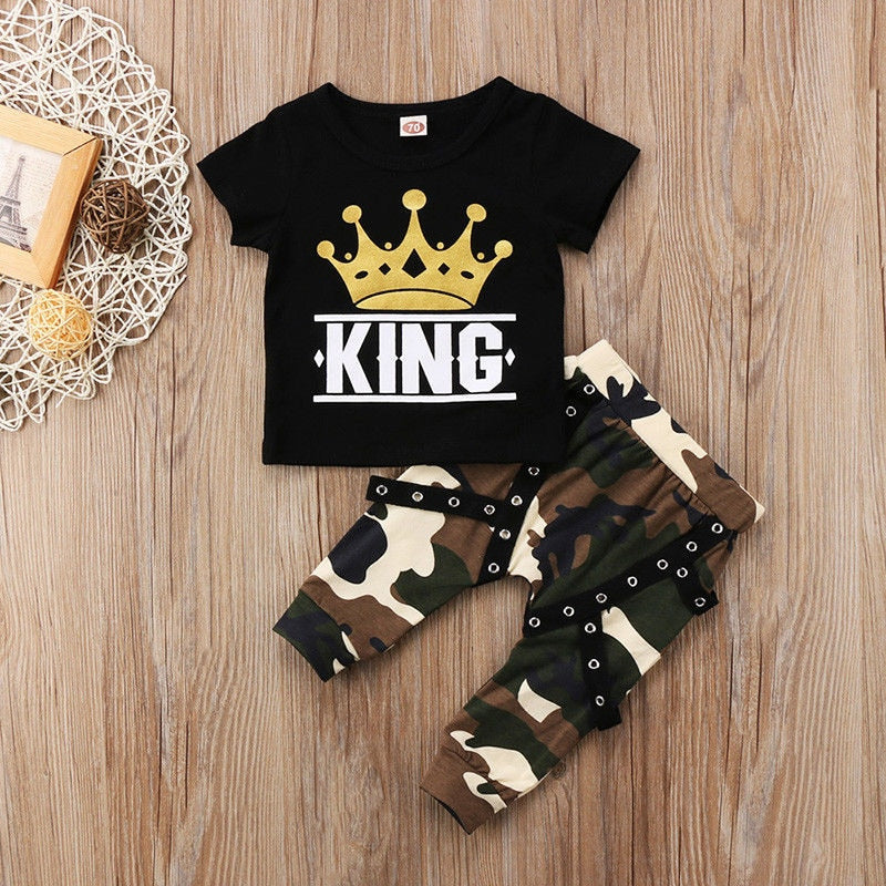 Little Boys King Crown Print Top and Camo Pants 2PCS Outfits Set childrensterritory