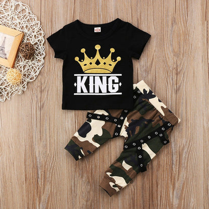 Little Boys King Crown Print Top and Camo Pants 2PCS Outfits Set childrensterritory