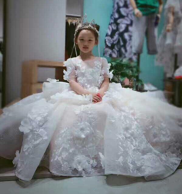 3D Floral Appliques Tulle Pageant Gowns for Kids Girls childrensterritory