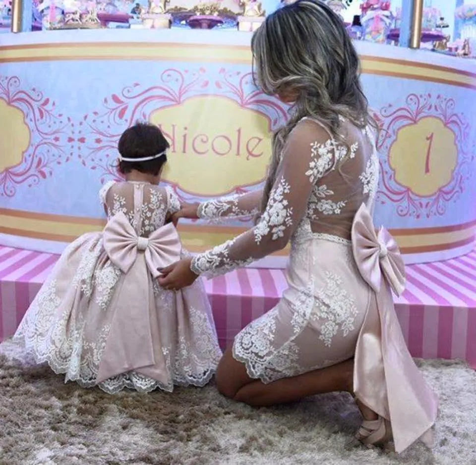 Lace Embroidery with Big Bow: Mother-Daughter Party Dresses