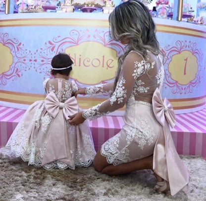 Lace Embroidery with Big Bow: Mother-Daughter Party Dresses