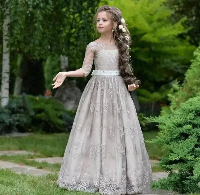Girls A-Line O Neck Half Sleeves Long Weddings/Communion Gowns childrensterritory
