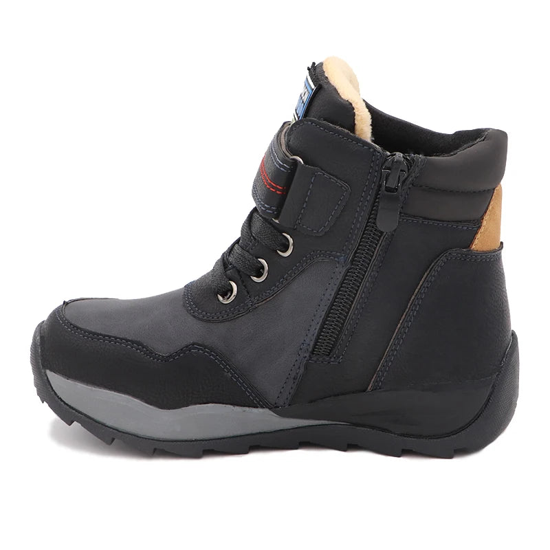Kids Boys Black And Skyblue Mid-Calf Leather Snow Boots childrensterritory