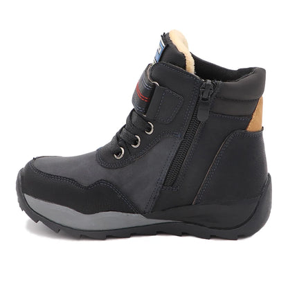 Kids Boys Black And Skyblue Mid-Calf Leather Snow Boots childrensterritory
