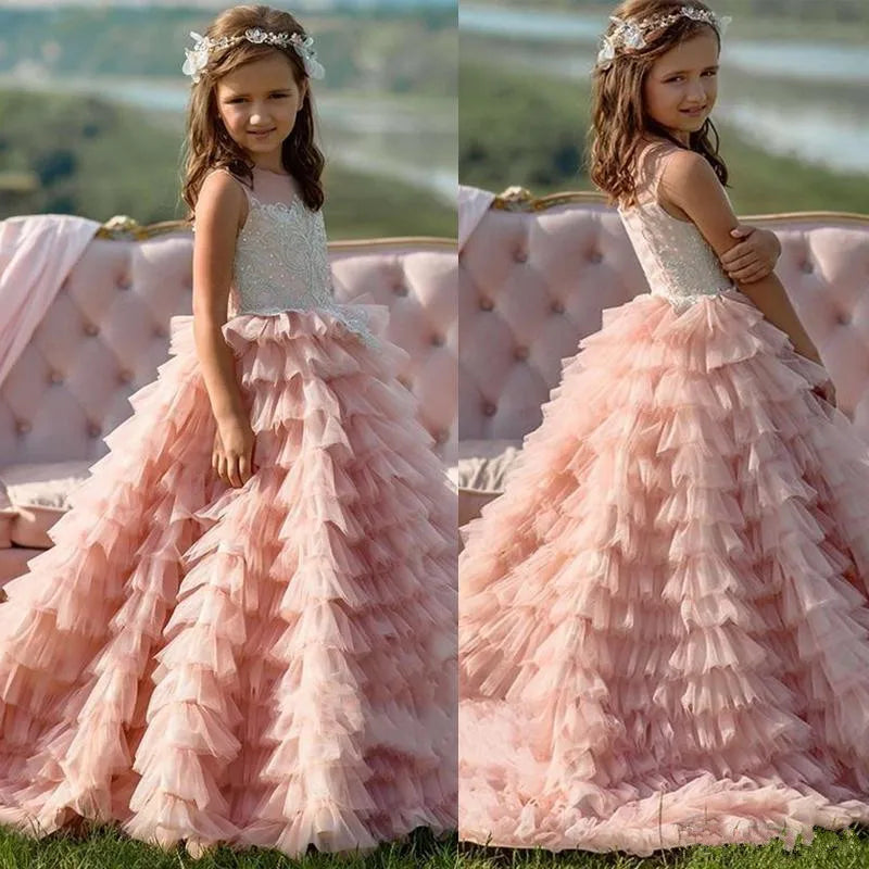Little Girl Tiered Tulle Lace Appliques Princess Dresses with Train childrensterritory
