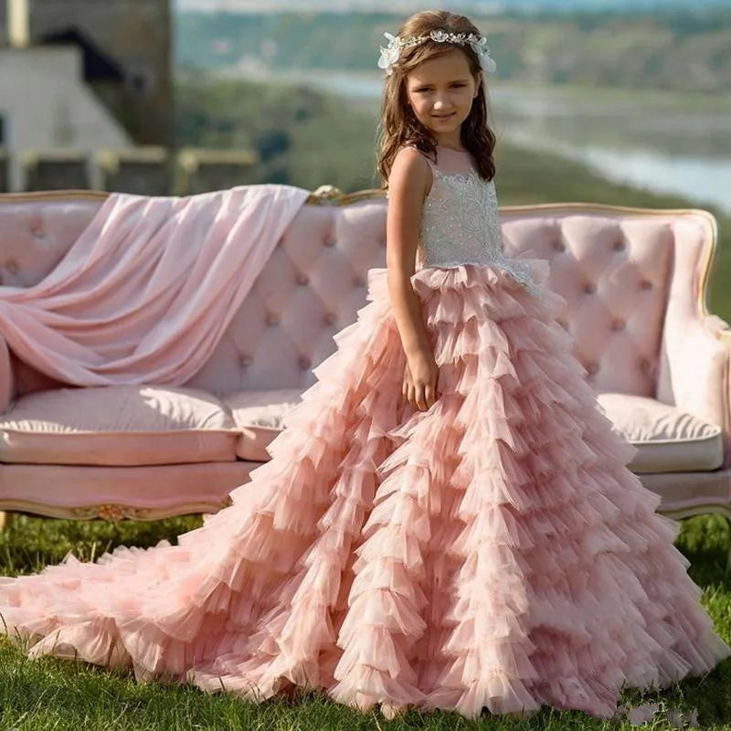 Little Girl Tiered Tulle Lace Appliques Princess Dresses with Train childrensterritory