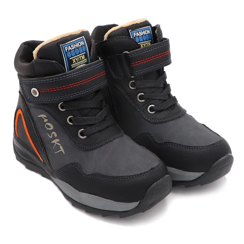 Kids Boys Black And Skyblue Mid-Calf Leather Snow Boots childrensterritory