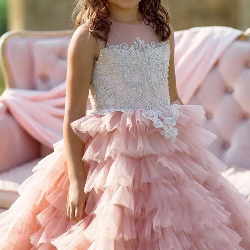 Little Girl Tiered Tulle Lace Appliques Princess Dresses with Train childrensterritory